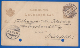 Ungarn; PC Levelezö Lap 2 Kr; 1898; Von Brasso, Brasov, Romania Nach Bielefeld - Entiers Postaux