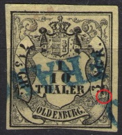 Franco In Blau Auf 1/10 Thaler Gelb - Oldenburg Nr. 4a Auf Seidenpapier - Plattenfehler - Pracht - Oldenbourg