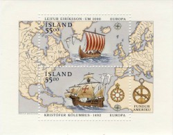 BLOC 2 TIMBRES** EUROPA ISLANDE 1992 # CHRITOPHE COLOMB  # LEIFUR EIRIKSSON - Blocks & Kleinbögen