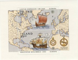 BLOC 2 TIMBRES** EUROPA ISLANDE 1992 # DECOUVERTE AMERIQUE # CHRITOPHE COLOMB  # LEIFUR EIRIKSSON - Hojas Y Bloques