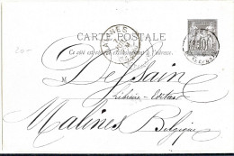 LBL18 - FRANCE - EP CP SAGE 10c CARTON VIOLET 3 LIGNES REPIQUAGE LIBR. HACHETTE PARIS/MALINES 6/7/1890 - Overprinter Postcards (before 1995)