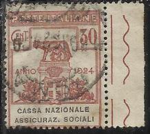 ITALY KINGDOM ITALIA REGNO 1924 PARASTATALI CASSA NAZIONALE ASSICURAZIONI INFORTUNI SUL LAVORO CENT. 30 USED - Portofreiheit