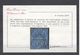 REGNO 1879 UMBERTO I 25 CENT.QUARTINA ANNULLI ORIGINALI CERT. DIENA - Usados