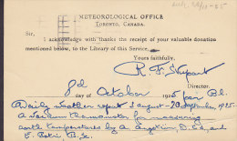 Canada Postal Stationery Ganzsache Entier Private Print METEOROLOGICAL OFFICE, Toronto 1925 To Sweden (2 Scans) - 1903-1954 Kings