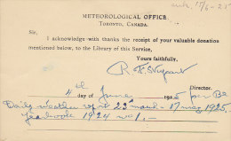 Canada Postal Stationery Ganzsache Entier Private Print METEOROLOGICAL OFFICE, Toronto 1925 To Sweden (2 Scans) - 1903-1954 Könige