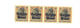 Bloc De Timbres Belge Occupation Allemande 25 C Deutsches Reich Marron ( Bande De 4 ) Surchargés De 20 En Noir - Guerra 40 – 45 (Cartas & Documentos)