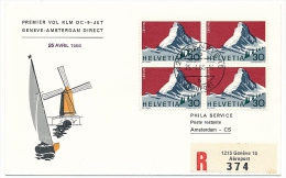 Suisse / Pays Bas - Premier Vol KLM DC 9 Jet GENEVE AMSTERDAM Direct 25 Avril 1966 - 2 Enveloppes - Erst- U. Sonderflugbriefe