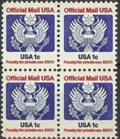 Block 4-1983 USA Official Mail Stamp 1c Sc#O127 Eagle Unusual - Erreurs Sur Timbres