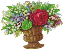CHROMO DECOUPI    GAUFFRE :  PANIER DE FLEURS :  Roses Muguet Violettes . - Fleurs
