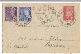 Carte Lettre Pétain ST Saturnin Du Bois 1942 + Complément 40c +10c Mercure Destination Bordeaux - Letter Cards