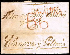 BARCELONA PREF. - BARCELONA PE 48 R - 1824 CARTA CIRC. A VILANOVA + PORTEO 6 - ...-1850 Préphilatélie