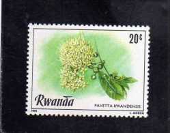 RWANDA 1981 FLORA FLOWERS PAVETTA RWANDENSIS FLEUR FLEURS FIORI FIORE MNH - Unused Stamps