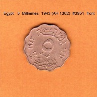 EGYPT   5  MILLIEMES   1943 (AH 1362)   (KM # 360) - Egipto