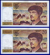 DEUX BILLETS PAIRE 20 FRANCS DEBUSSY SPL EPINGLAGE SANS TRACE COMPTAGE TYPE 1980 ALPHABET Q.008 N° 261618 ET 261619-1981 - 20 F 1980-1997 ''Debussy''