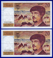 DEUX BILLETS PAIRE 20 FRANCS DEBUSSY SPL PLI VERTICAL ET HORIZONTAL TYPE 1980 ALPHABET M.009 N° 521581 ET 521582-1982 - 20 F 1980-1997 ''Debussy''