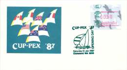 1987  Cup--Pex Frama Unaddressed  FDC  Green Cancel - Machine Labels [ATM]