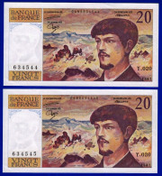 DEUX BILLETS PAIRE 20 FRANCS DEBUSSY NEUF TYPE 1980 ALPHABET Y.020 N° 634544 ET 634545 DE 1987 SPECIALISTE OEIL VAIRON - 20 F 1980-1997 ''Debussy''