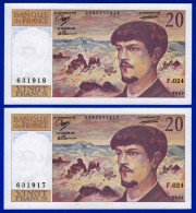 DEUX BILLETS PAIRE 20 FRANCS DEBUSSY NEUF TYPE 1980 ALPHABET F.024 N° 631917 ET 631918 DE 1989 - 20 F 1980-1997 ''Debussy''