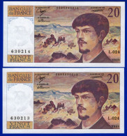 DEUX BILLETS PAIRE 20 FRANCS DEBUSSY NEUF TYPE 1980 ALPHABET L.024 N° 630214 ET 630213 DE 1989 - 20 F 1980-1997 ''Debussy''