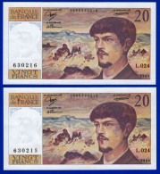 DEUX BILLETS PAIRE 20 FRANCS DEBUSSY NEUF TYPE 1980 ALPHABET L.024 N° 630215 ET 630216 DE 1989 - 20 F 1980-1997 ''Debussy''