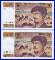 DEUX BILLETS PAIRE 20 FRANCS DEBUSSY NEUF TYPE 1980 ALPHABET G.024 N° 631804 ET 631805 DE 1989 - 20 F 1980-1997 ''Debussy''