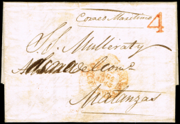 BARCELONA PREF. - CORREO MARITIMO - 1845 CARTA CIRC. A MATANZAS - A EN ROJO - ...-1850 Vorphilatelie