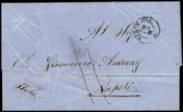 BARCELONA PREF.- 1866 CARTA CIRC. A NAPOLES, AL DORSO DIVERSOS FECHADORES - ...-1850 Prephilately