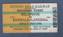 AUSTRALIE - SOUVENIR TICKET BELGRAVE TO EMERALD/LAKESIDE - ADULT RETURN - PUFFING BILLY RAILWAY - - Mundo