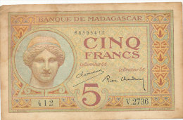 BILLETS  -MADAGASCAR   CINQ  FRANCS - Madagaskar