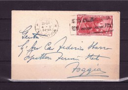 ITALY 1934 Letter To Foggia   Franked With 20 Cent "Marcia Su Roma" Cancelled With "Mostra Rivoluzione Fascista" - Altri & Non Classificati