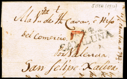 BARCELONA PREF.- VICH PE 7 N - 1817 CARTA CIRC. A JATIVA + PORTEO ROJO 7 - ...-1850 Prefilatelia