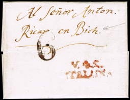 BARCELONA PREF.- VILANOVA PE 3 R - 1842 CARTA CIRC. A VICH + PORTEO 6 - ...-1850 Vorphilatelie