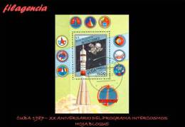 USADOS. CUBA. 1987-07 DÍA DE LA ASTRONÁUTICA. XX ANIVERSARIO DEL PROGRAMA INTERCOSMOS. HOJA BLOQUE - Gebruikt