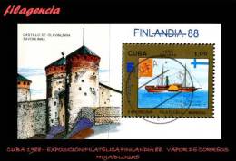 USADOS. CUBA. 1988-11 EXPOSICIÓN FILATÉLICA FINLANDIA 88. BARCOS. HOJA BLOQUE - Oblitérés