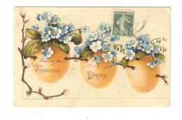 Carte Fantaisie : Joyeuses  Pâques : 3 Oeufs Avec Des Fleurs Bleues - Carte En Relief Gaufrée - Pâques
