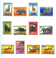 REPUBBLICA DEMOCRATICA DEL CONGO, ANIMALI PROTETTI, 1959, FRANCOBOLLI NUOVI (MLH*), Scott 341-352, 539 - Unused Stamps