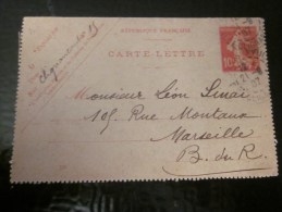 Timbre Semeuse 10c Entiers Postaux Oblitération Manuel Cachet à Date Clignancourt Pour Marseille 21 Août 1907 écritures - Cartes-lettres