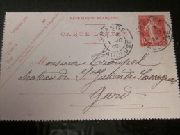 Timbre Semeuse 10c Entiers Postaux Oblitération Manuel Cachet à Date Orange Pour Saint Julien Dans Le Gard 1908 - Cartes-lettres