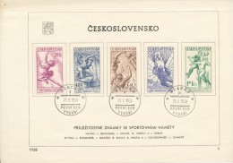 Czechoslovakia / First Day Sheet (1958/01) Praha 3 (a): Sport (figure Skating, Canoeing, Volleyball, Skydiving, Soccer) - 1958 – Zweden