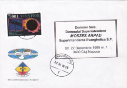 RELIGIONS BANK HEADER, SOLAR ECLIPSE, STAMPS ON COVER, 1999, ROMANIA - Covers & Documents