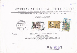 DIMITRIE PACIUREA, SCULPTOR, PEACKOCK, MARAMURES WOODEN CHURCH, STAMPS ON REGISTERED COVER, 2000, ROMANIA - Covers & Documents