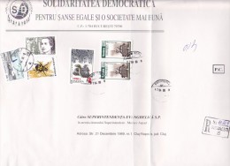 EMINESCU, PLANE, BEETLE, SNAKE, WOODEN CHURCH, OVERPRINT STAMPS ON REGISTERED COVER, 2000, ROMANIA - Briefe U. Dokumente