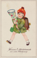 BAUMGARTEN, CHILDREN, LITTLE GIRL ON FIRST DAY OF SCHOOL,  EX Cond. PC, Used,  1930s, UNSIGN. - Baumgarten, F.