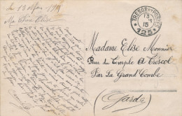 152/22 -  ZONE NON OCCUPEE - Carte D´un Soldat Français TP Semeuse TRESOR Et POSTES 125 En 1915 Vers Le Gard - Not Occupied Zone