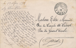 152/22 -  ZONE NON OCCUPEE - Carte D´un Soldat Français TP Semeuse TRESOR Et POSTES 125 En 1915 Vers Le Gard - Zona Non Occupata