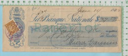 Cheque 1922 Avec Timbre FWT8 War Tax  2 Cent Banque Nationale Sherbrooke P. Quebec Canada - Assegni & Assegni Di Viaggio