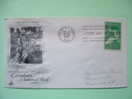 USA 1947 FDC Cover - Everglades National Park - Great White Heron And Map Of Florida - Seminole Indian Fishing On A B... - Briefe U. Dokumente