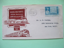 USA 1949 Cover Aurora To San Jose - 100 Aniv. Burlington Route - Train - Lincoln - Storia Postale
