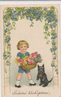 BAUMGARTEN, CHILDREN, BIRTHDAY, LITLE BOY WITH FLOWERS & TERRIER DOG, EX Cond. PC, Unused,  1941, UNSIGNED - Baumgarten, F.