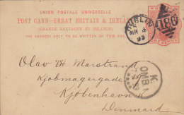 Great Britain Postal Stationery Ganzsache 1 P Victoria DUBLIN "186" Number Cds. 1893 Denmark (2 Scans) - Stamped Stationery, Airletters & Aerogrammes